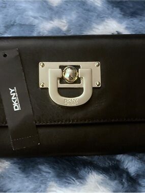 DKNY Black Leather Clutch with Silver-Tone Turnlock